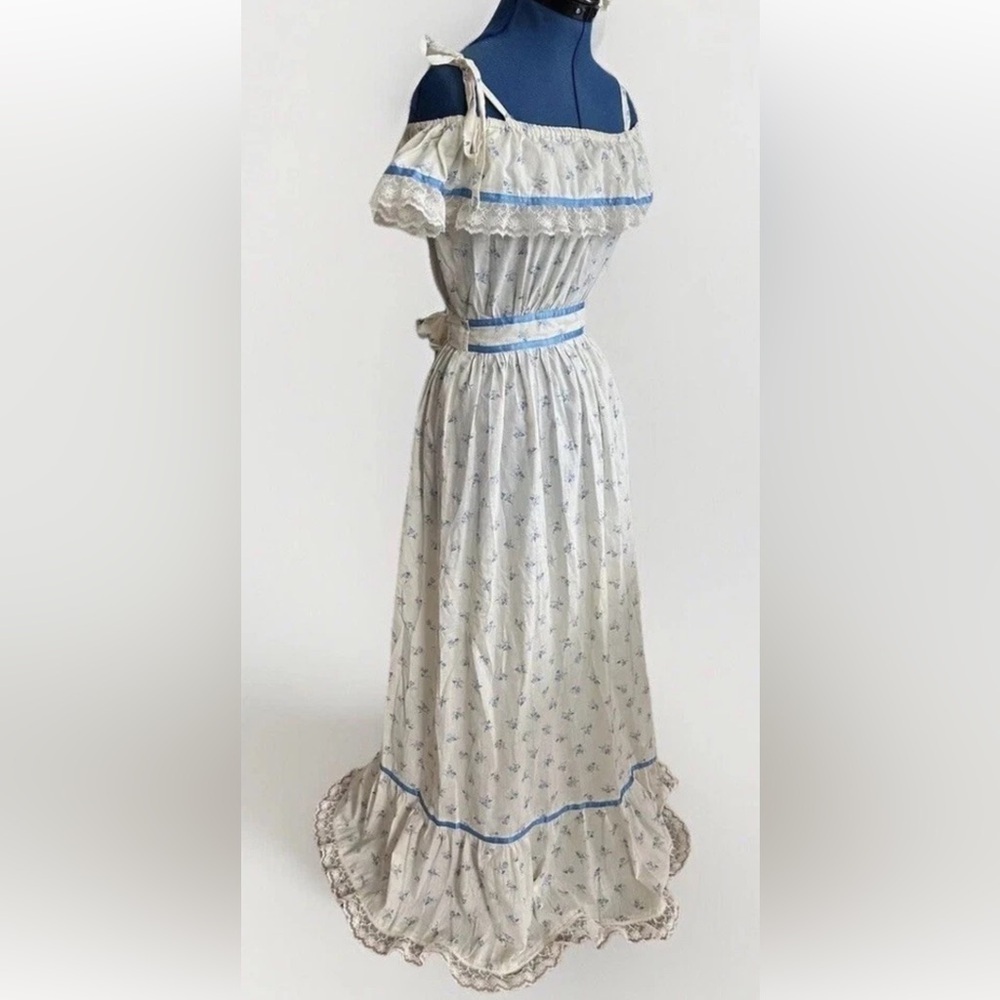 vintage 70s off shoulder ruffle floral print cotton cottage core maxi sun dress